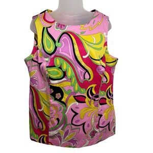 Lennie for Nina Leonard Paisley Top Women 16 Pink Yellow Retro Mod Stretch